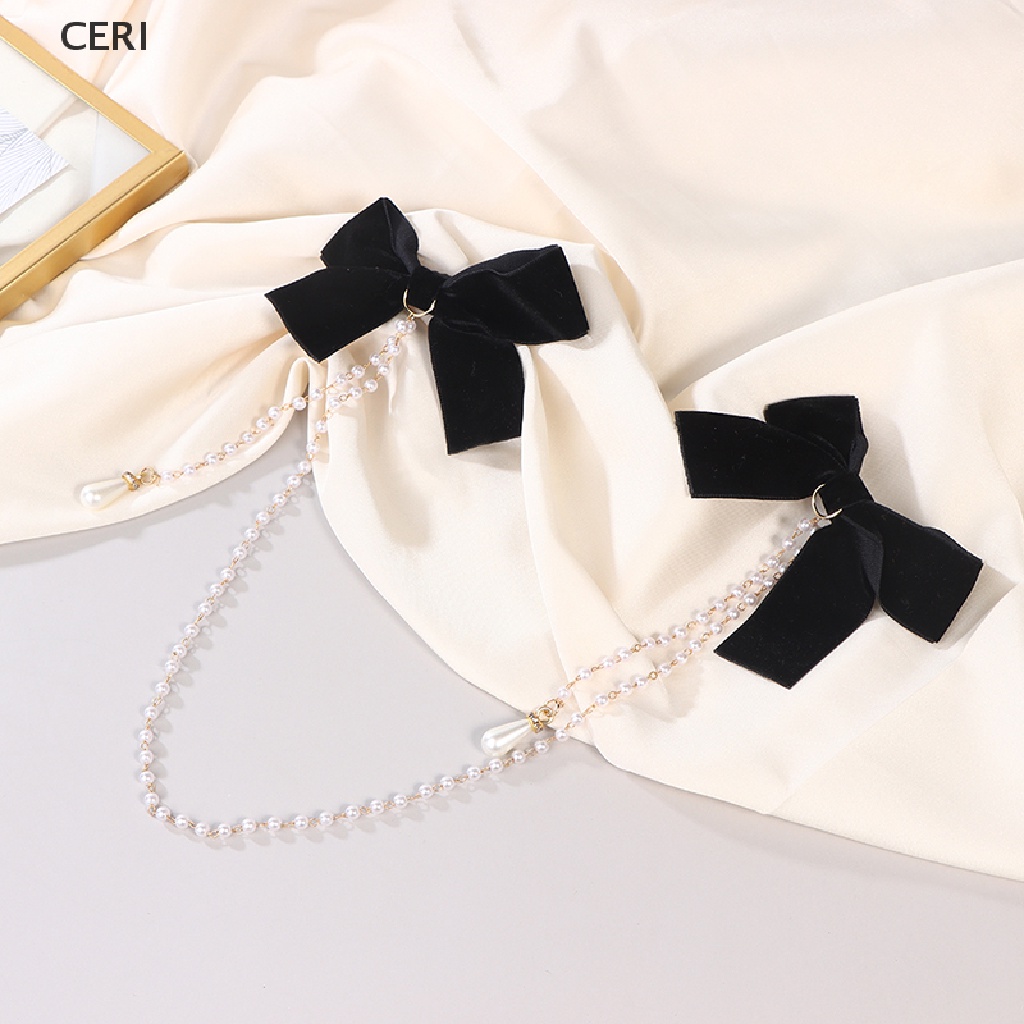 Kẹp Tóc Hình Nơ Bằng Nhung Phối Chuỗi Hạt Ngọc Trai Thời Trang Cho Nữ