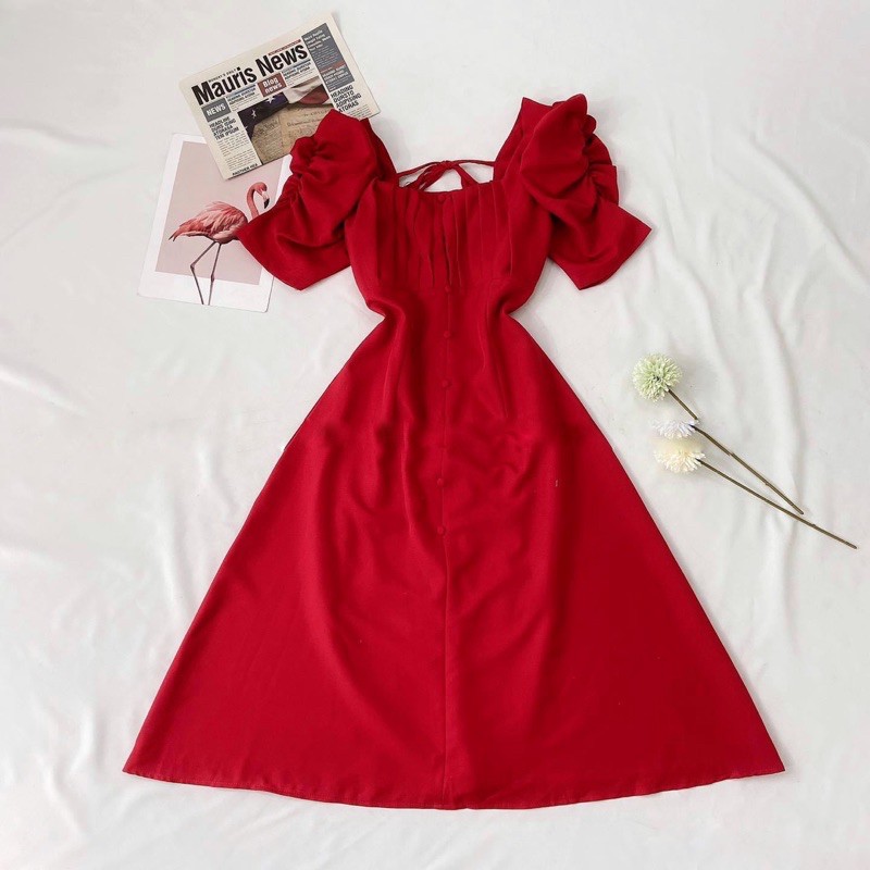 Đầm cổ vuông tay bồng xếp li ngực nút bọc | BigBuy360 - bigbuy360.vn