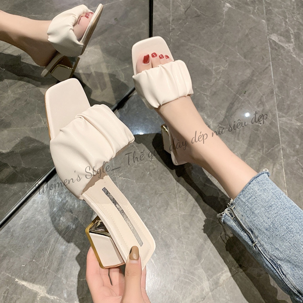 Giày cao gót nữ 5P đế vuông siêu hot quai nhún bèo 3 màu trắng, đen, kem thời trang, Guốc cao gót giá rẻ