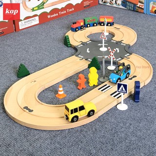 Mô hình đường ray cao tốc gỗ, 2 làn xe lưu thông, có thể liên kết với mô hình đường ray xe lửa gỗ.