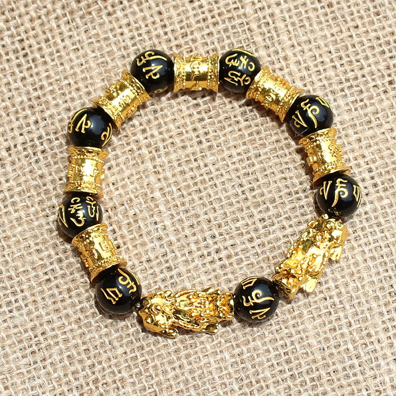 Vòng Tay Chuỗi Hạt Đá Obsidian Màu Vàng Đen Pixiu May Mắn Cho Nam Và Nữ