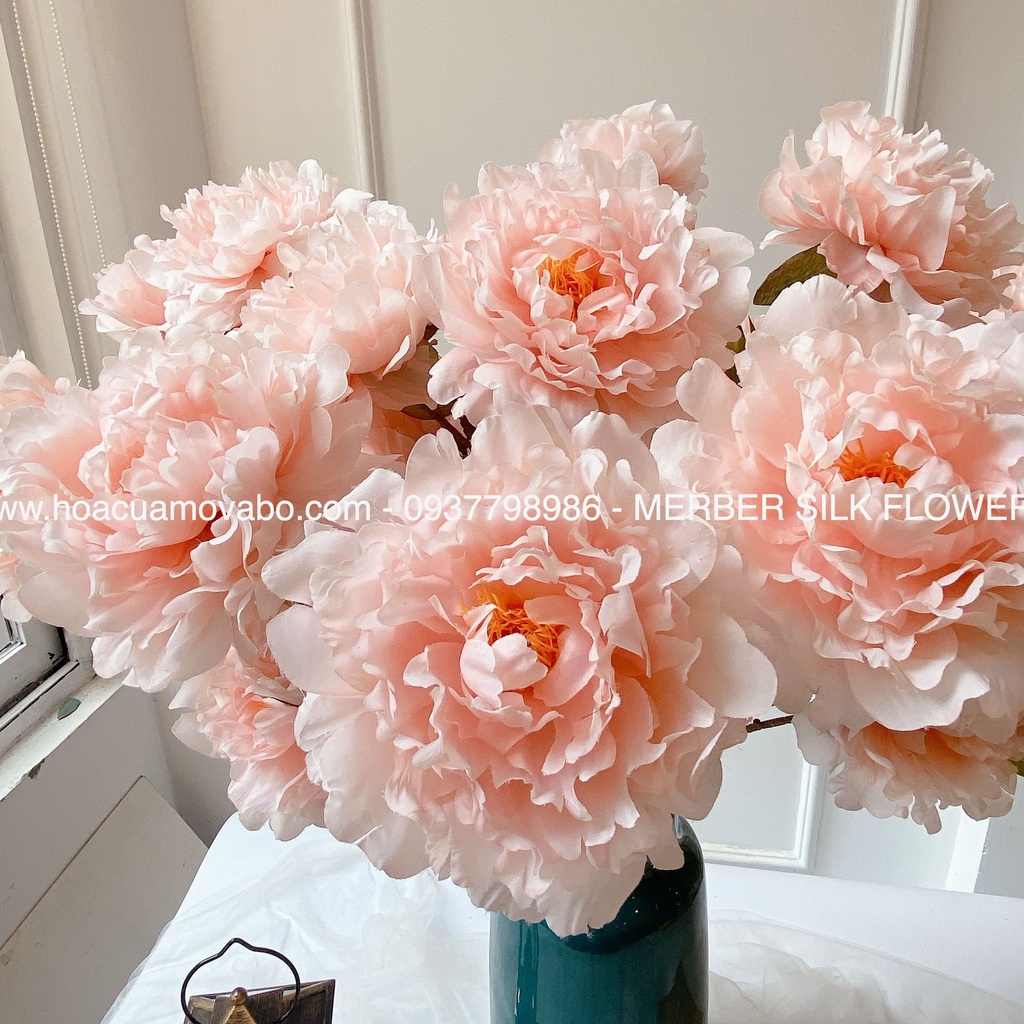 Cành 2 Bông Hoa Mẫu Đơn Peony Hàn Quốc Lụa Cao Cấp Merber (Mơ &amp; Bơ) Nhiều Màu Bông 70cm Có Nụ - Hoa Khô Decor Trang Trí