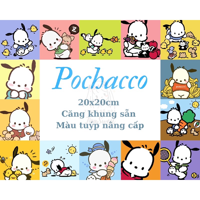 Tranh tô màu theo số TinaSweet 🌈 Size mini 20x20cm 🌈 Sanrio - Chú chó Pochacco - Căng khung sẵn