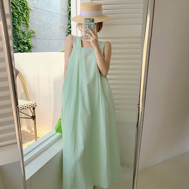 Đầm 2 dây bản to cổ vuông dáng dài váy maxi đi biển màu xanh ngọc hottrend