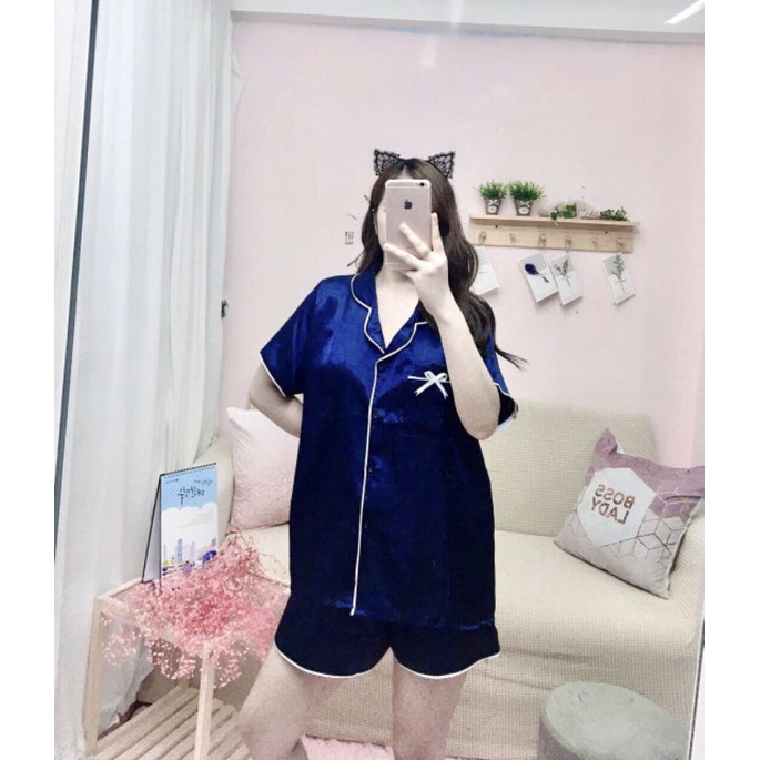 [ BIGSIZE ] Bộ ngủ bigsize đùi phi lụa viền nơ 60-75kg - pijama bigsize (ko túi quần)