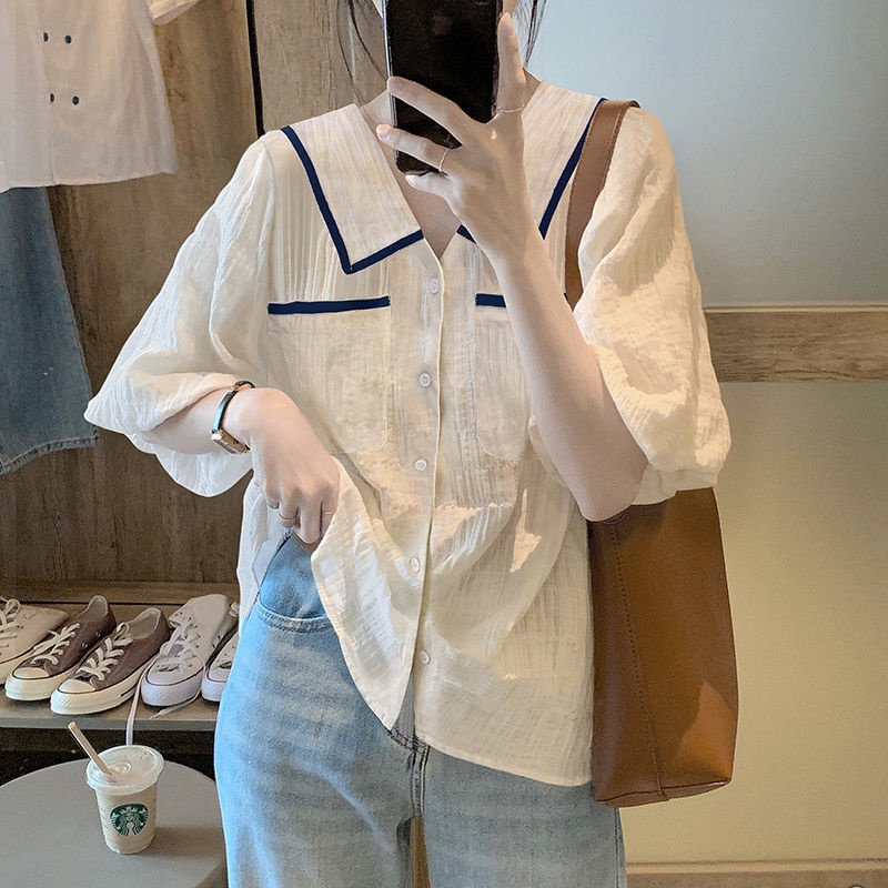Áo sơ mi trắng dáng rộng thiết kế mới thời trang mùa hè theo phong cách pháp dành cho nữ 0280