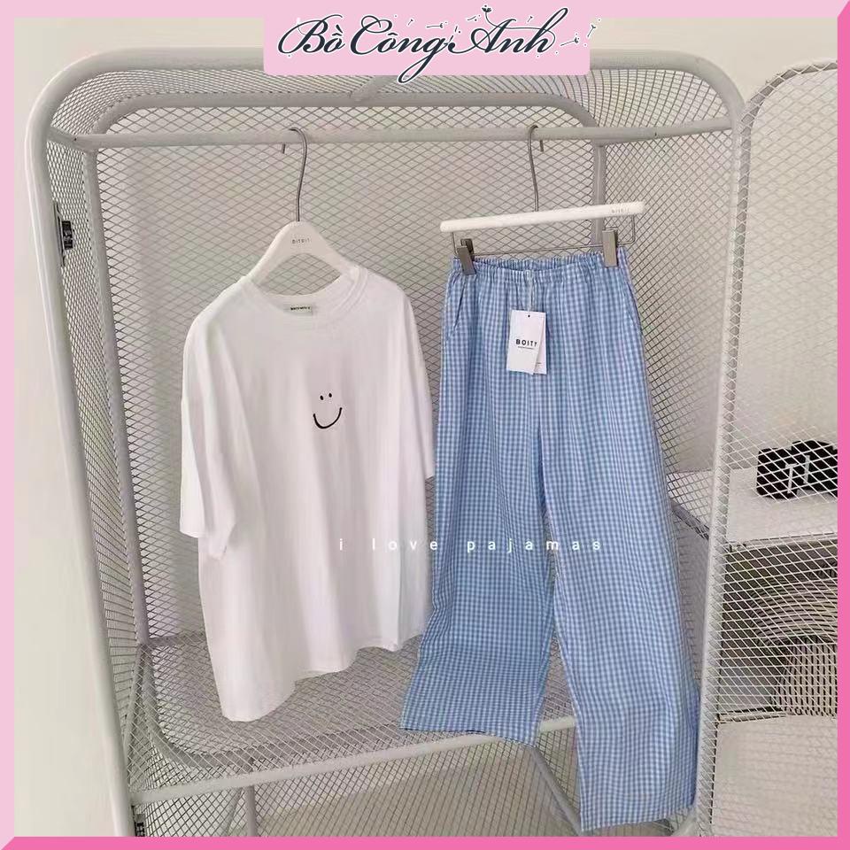 Đồ bộ nữ tay ngắn thun cotton sữa quần sọc caro