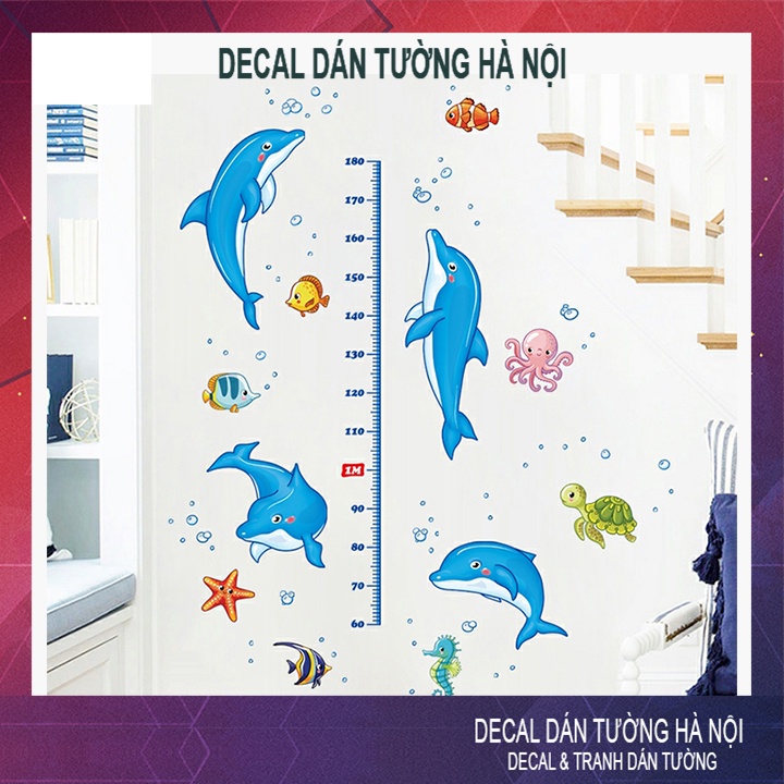 Đề can dán tường cho bé học thước đo chiều cao DECAL DECOR XL8368 Thước Cá Heo