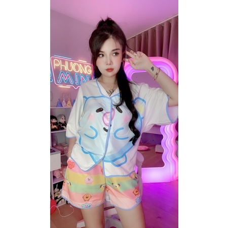 Đồ bộ ngủ nữ form cánh dơi set mặc ở nhà pijama lụa from rộng in hình dễ thuơng clothingforgirl