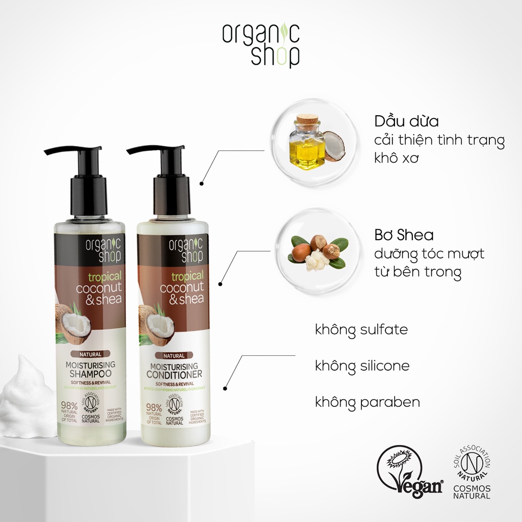 Combo Gội Xả (280mlx2) Và Kem Ủ Tóc (250ml) Suôn Mượt Mềm Mại ORGANIC SHOP Dầu Dừa Và Bơ Hạt Mỡ