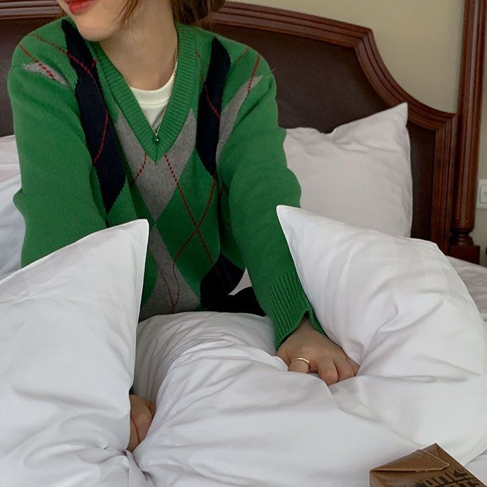 Áo Sweater Dệt Kim Màu Sắc Tương Phản Phong Cách Preppy Thời Trang Xuân Thu 2022