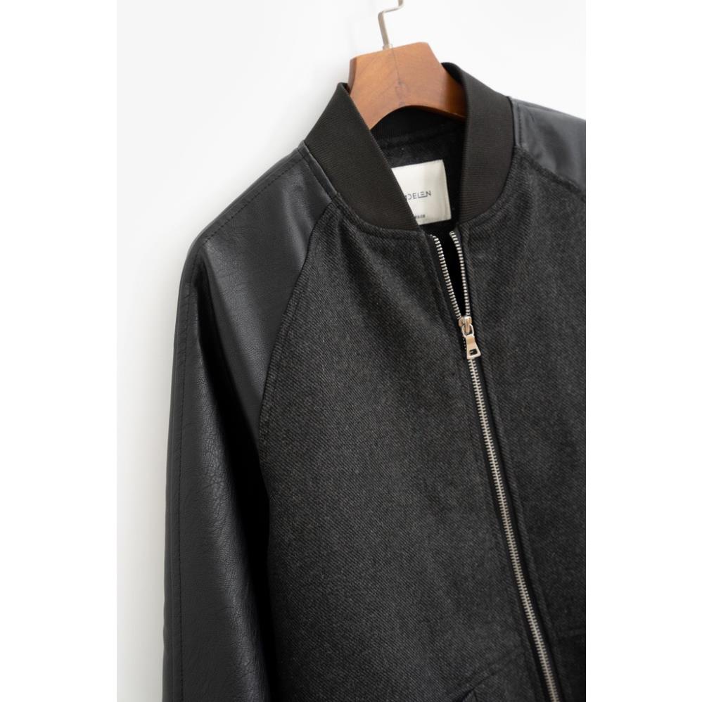 Áo khoác bomber dạ nữ MADELEN màu xám đen dáng freesize phối tay da