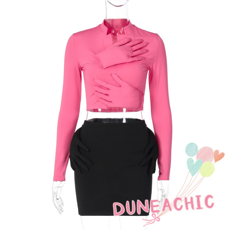 DUNEA Set đồ gồm áo thun tay dài phối chân váy lưng cao thời trang xinh xắn cho nữ