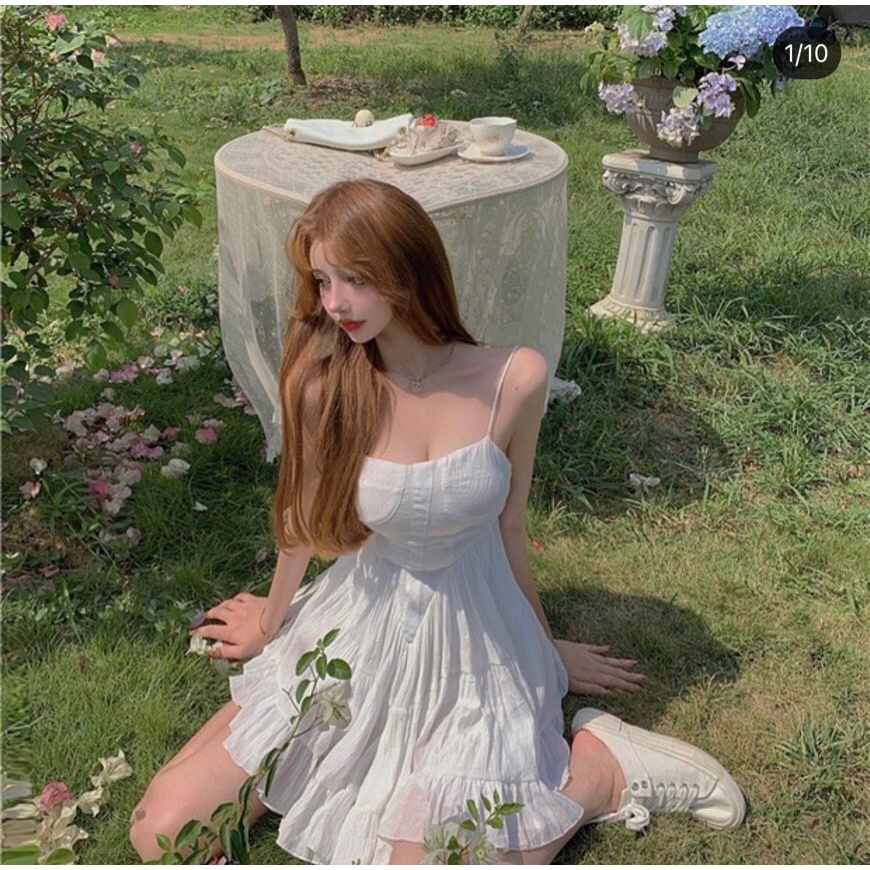 Set đầm 2 dây trắng chân bèo+khoác croptop 🖤 KÈM VIDEO TỰ QUAY 🖤