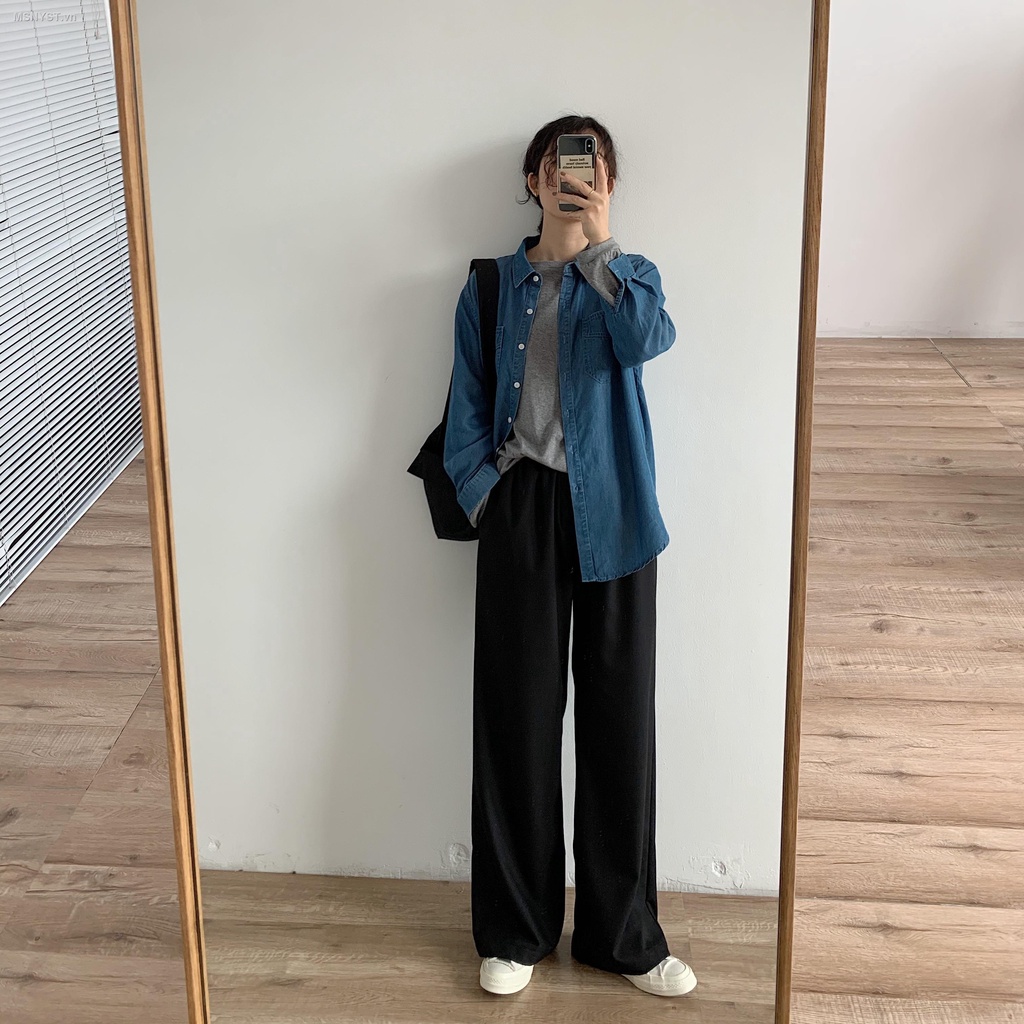 Áo sơ mi denim tay dài thời trang mùa thu Hong Kong mới cho nữ