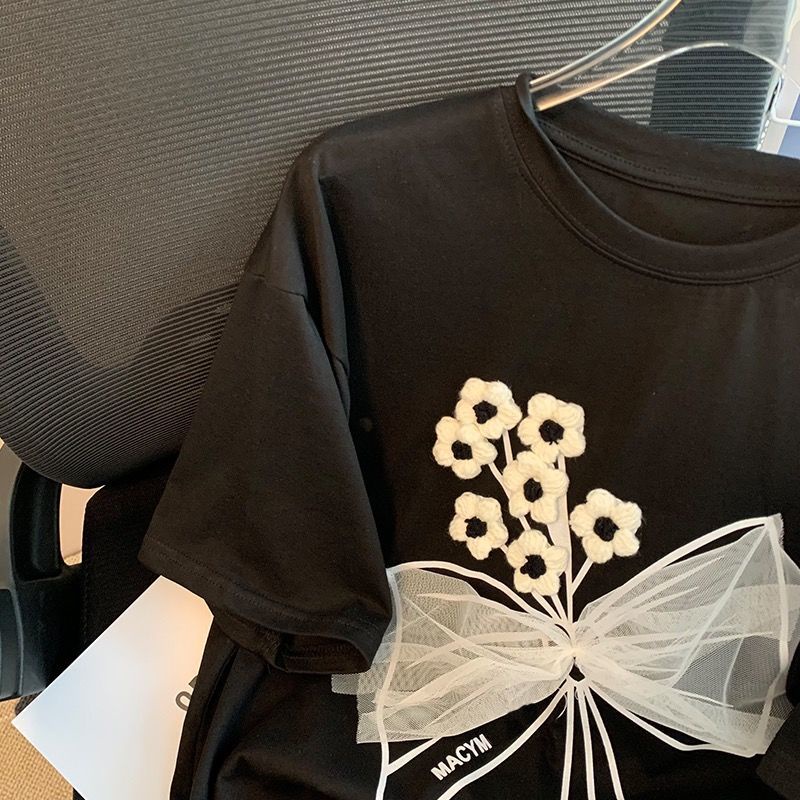 Áo Thun Đen Tay Ngắn Họa Tiết Hoa Ba Chiều Thời Trang Cho Nữ