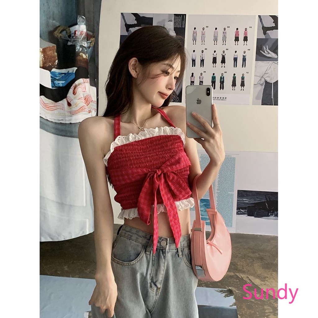 Áo Croptop Hai Dây Phối Ren Thắt Nơ Ngọt Ngào Thời Trang Mùa Hè Cho Nữ