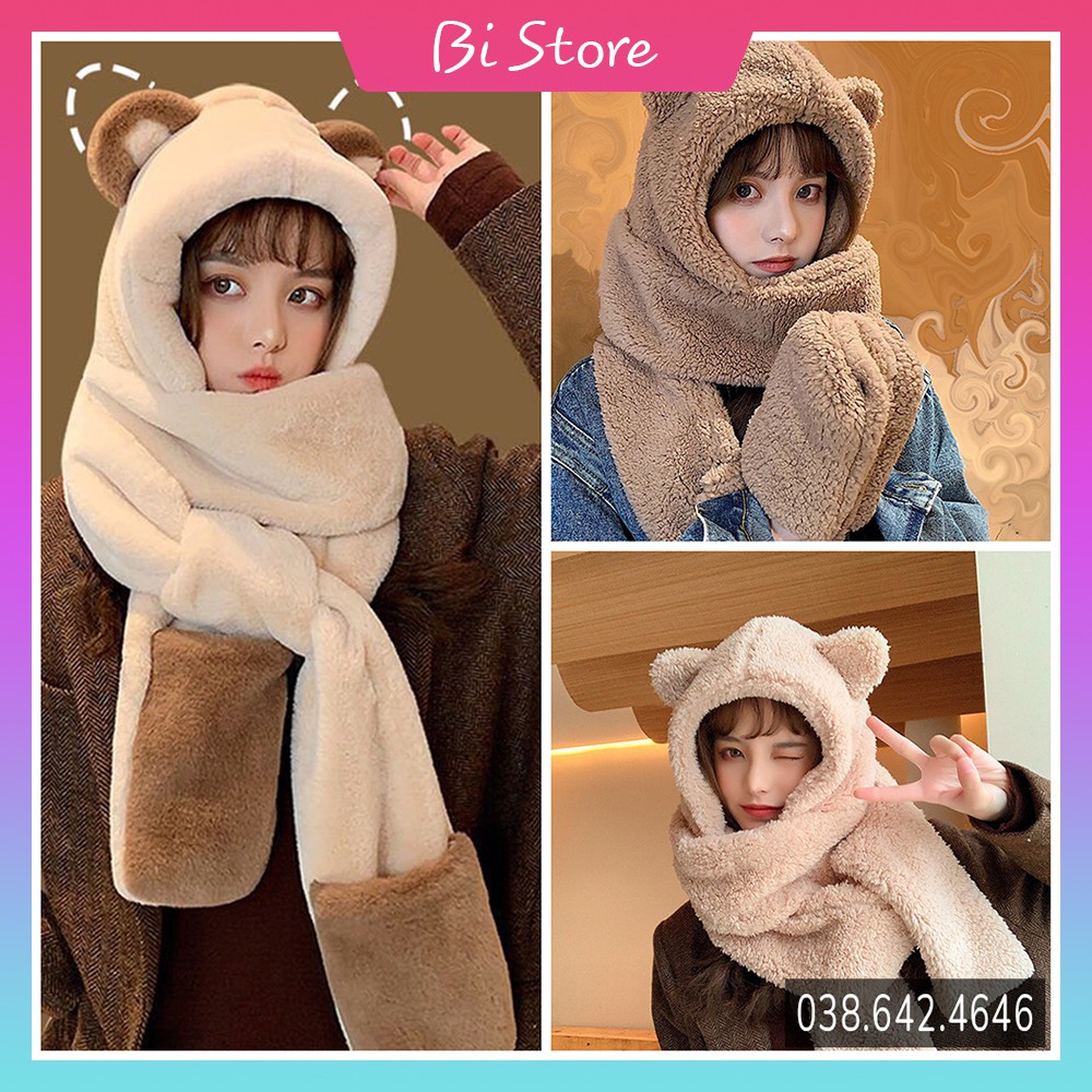 Mũ gấu lông cừu Hàn Quốc cute 3 in 1 kèm khăn quàng cổ + bao tay phong cách Ulzzang siêu mịn và ấm áp