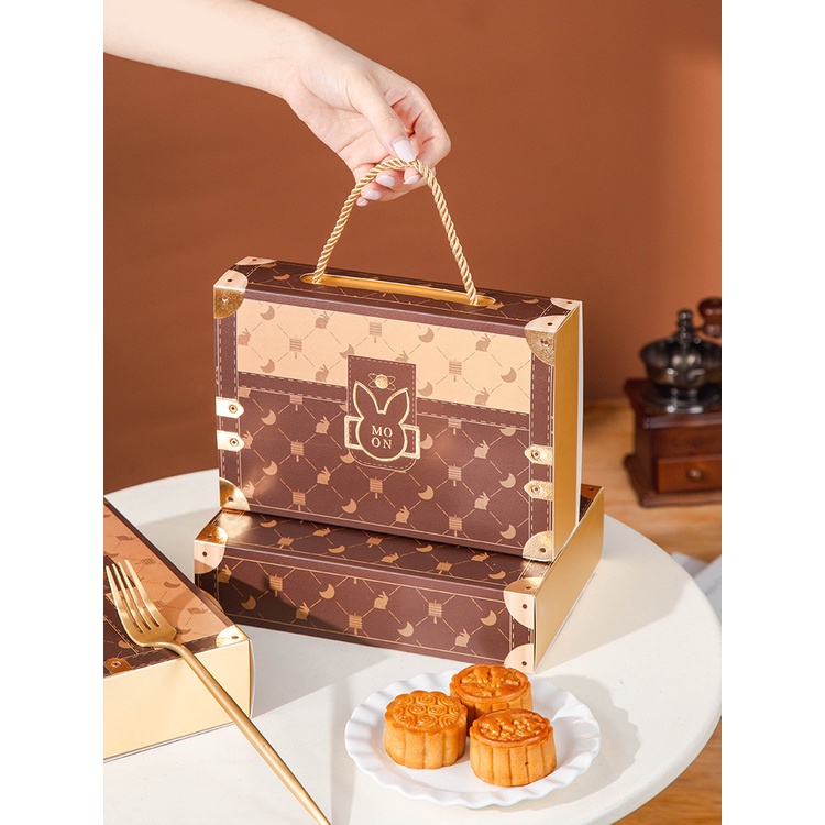 Hộp đựng bánh trung thu handmade có quai xách màu nâu 6 bánh 50 - 75gr