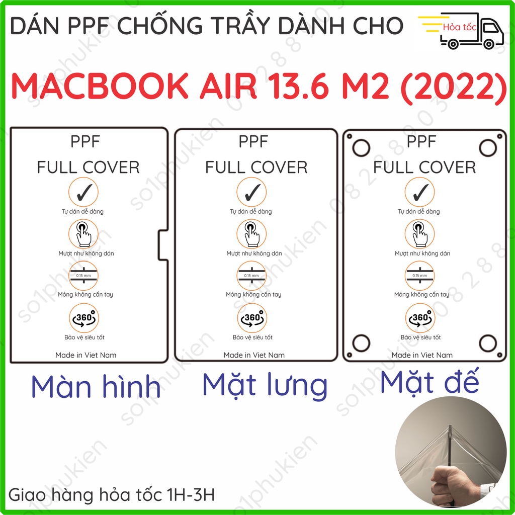 Dán Macbook Air 13.6 M2 (2022) dành cho màn hình, mặt lưng, mặt đế PPF loại trong, nhám