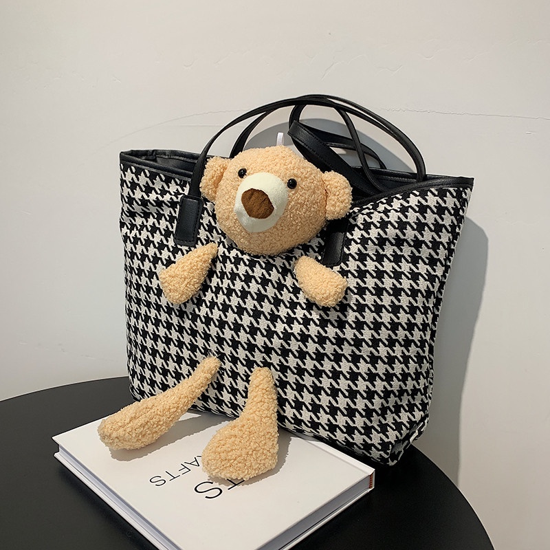 Túi Tote Đeo Vai Cỡ Lớn Họa Tiết Sọc Caro Thời Trang Thu Đông Cho Học Sinh