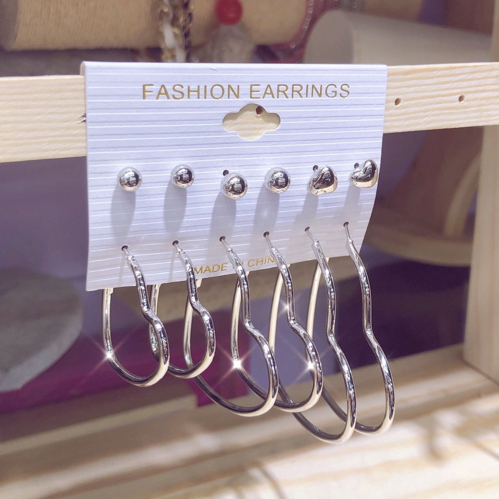 Set 6 Đôi Bông Tai Hình Trái Tim Bằng Bạc Đơn Giản Cho Nữ