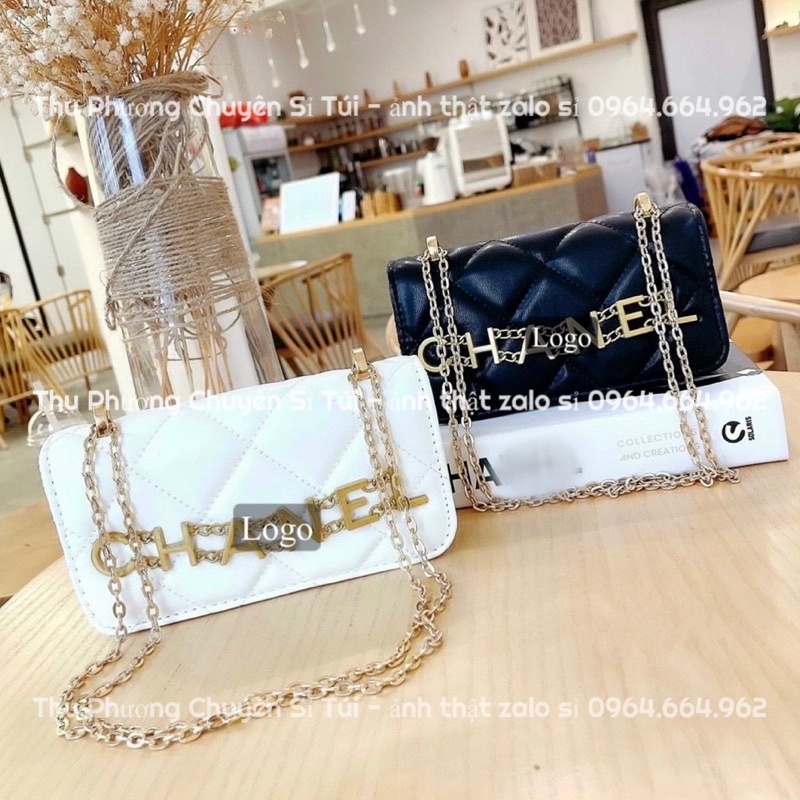 Túi Đeo Chéo, Túi Đeo Vai Trần Ô Logo Xích Phối Chữ Vàng, Chất Da Bóng Mịn Để Vừa Điện Thoại (ảnh thật ở đầu)