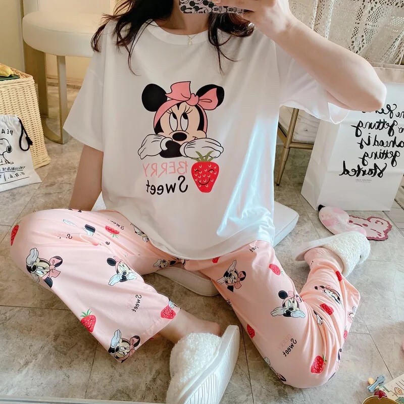 [Sẵn] Đồ bộ thun cotton quần dài, đồ mặc ở nhà Quảng Châu, pijama họa tiết hoạt hình dễ thương