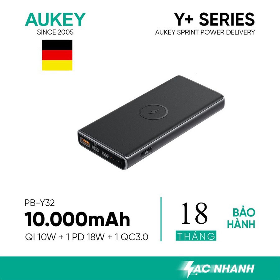 Sạc dự phòng kiêm sạc không dây 10W AUKEY PBY32 10.000MAH, sạc nhanh PD 18W, QC 3.0