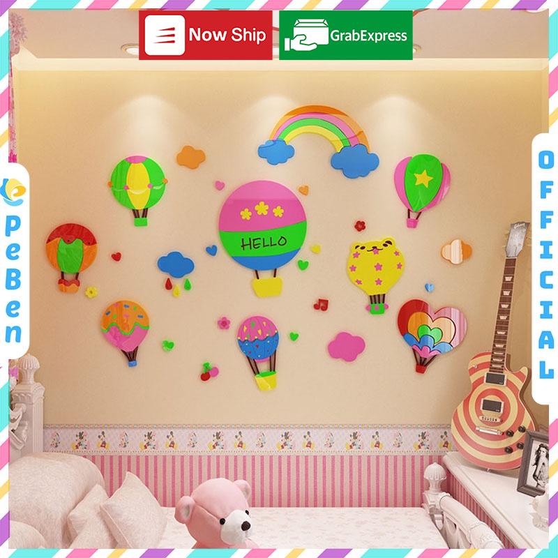 Tranh dán tường mica 3d decor khổ lớn khinh khí cầu sắc màu kiểu mới trang trí mầm non, phòng cho bé Nhiều Size - EPeBen