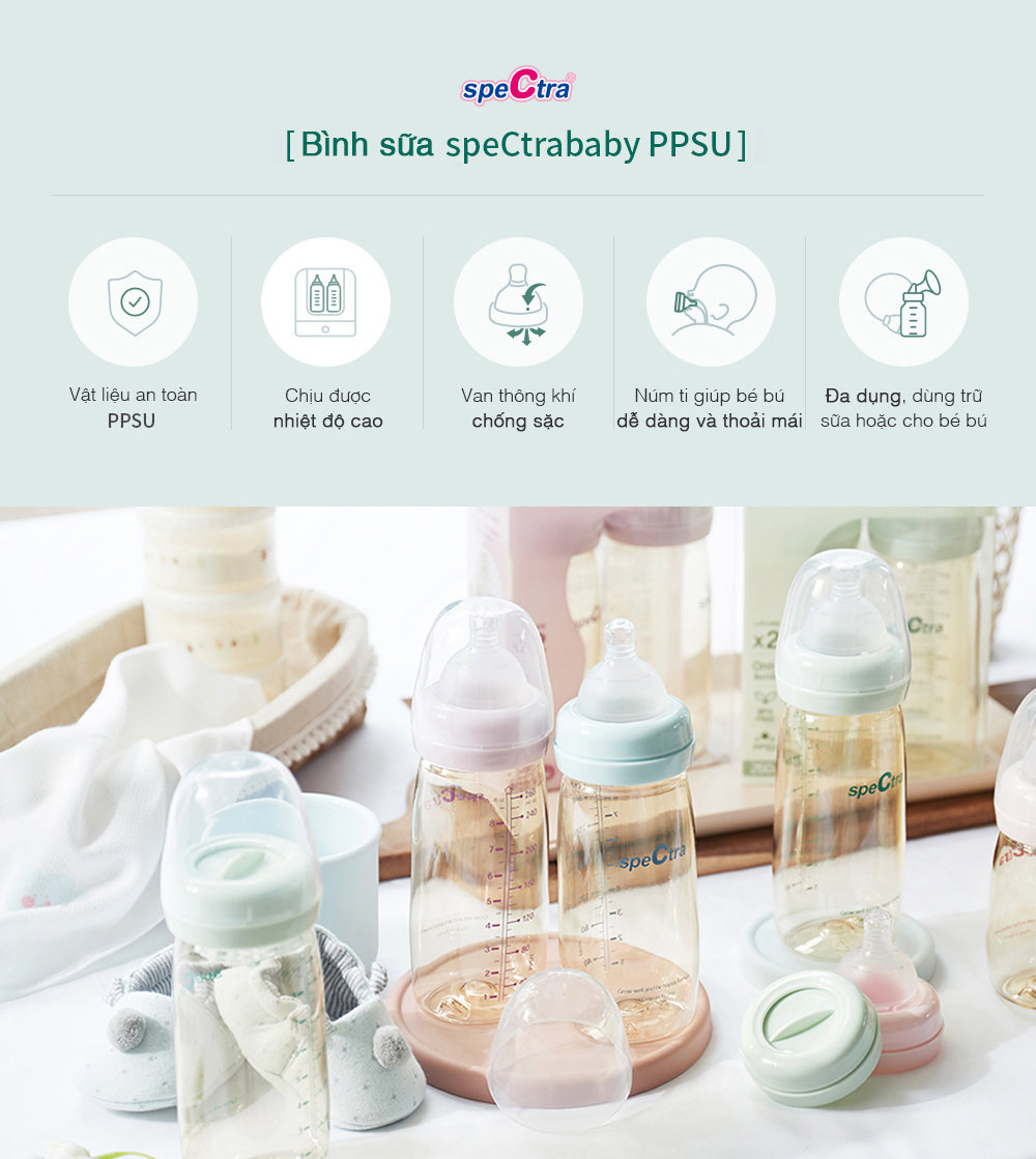 BÌNH SỮA PPSU CỔ RỘNG SPECTRA 260ML (CÓ NÚM TI SIZE L)