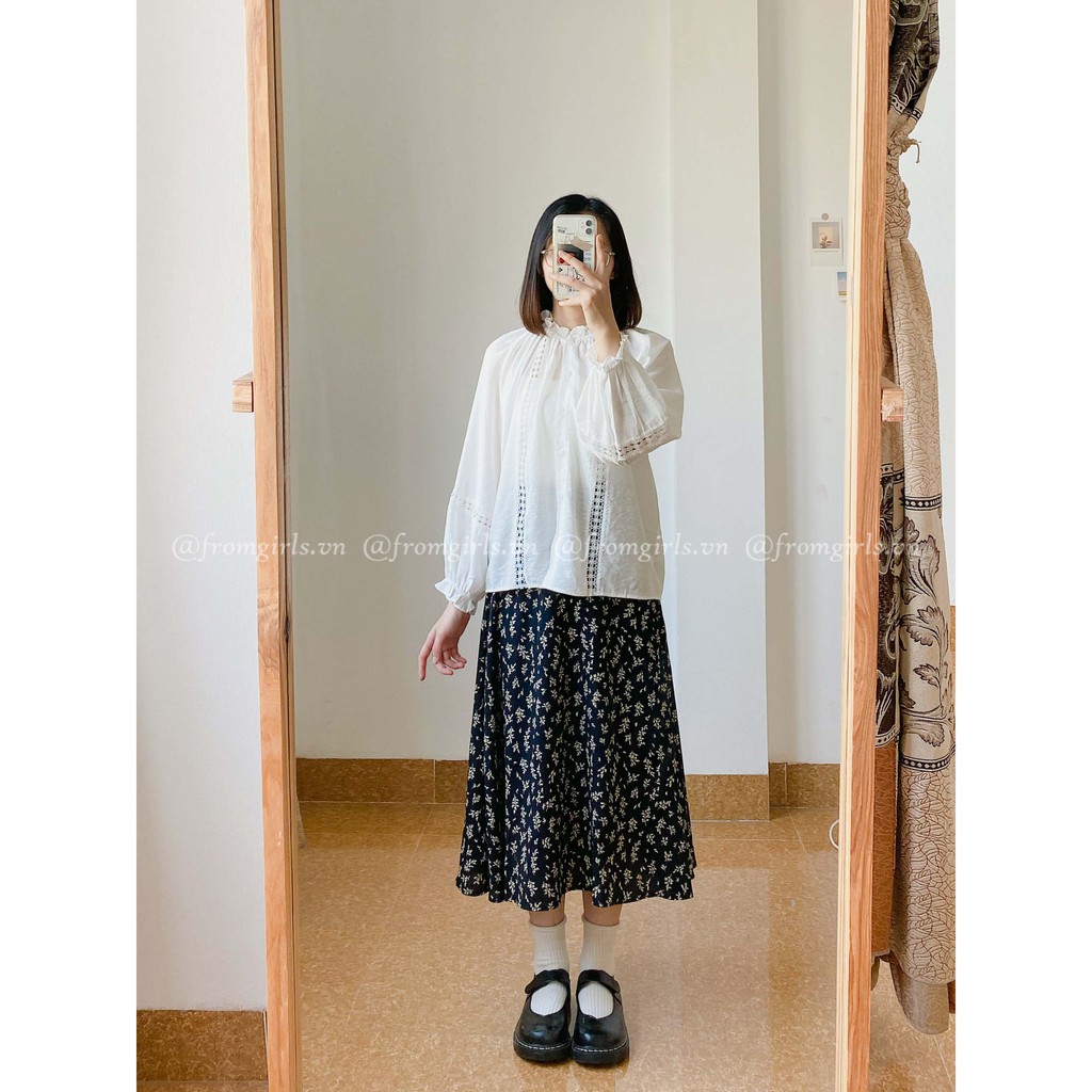 Chân váy hoa nhí, chân váy midi hoa cỏ cạp chun sau vintage - CV07FG BROWN