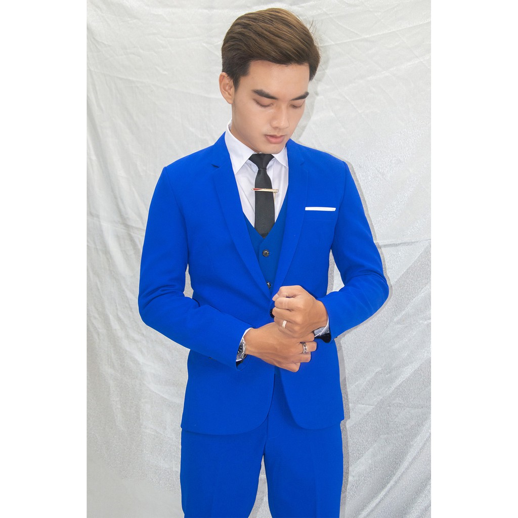 Bộ vest nam và gile + sơ mi ôm body màu xanh coban tặng cà vạt nơ