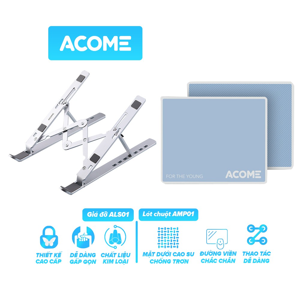 Combo Giá Đỡ Laptop ACOME ALS01 Dễ Dàng Gấp Gọn Hợp Kim Nhôm Và Miếng Lót Chuột ACOME AMP01 Kích Thước 22 x 18 cm