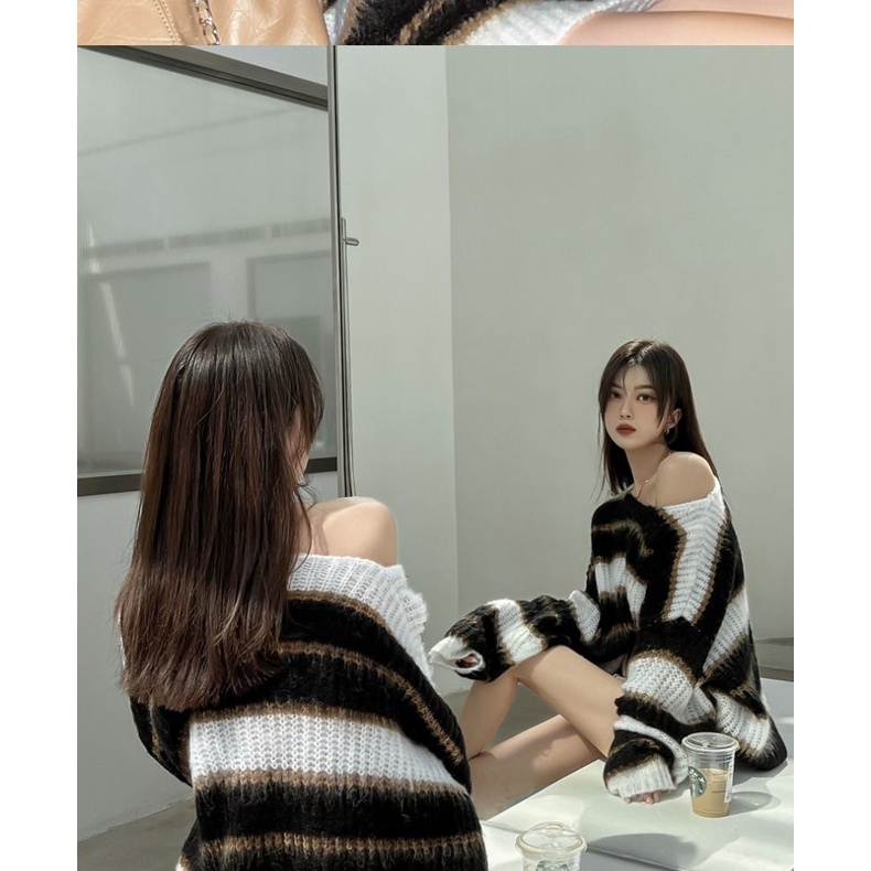 Áo sweater dáng dài họa tiết kẻ sọc màu sắc tương phản thời trang mới 2021 dành cho nữ