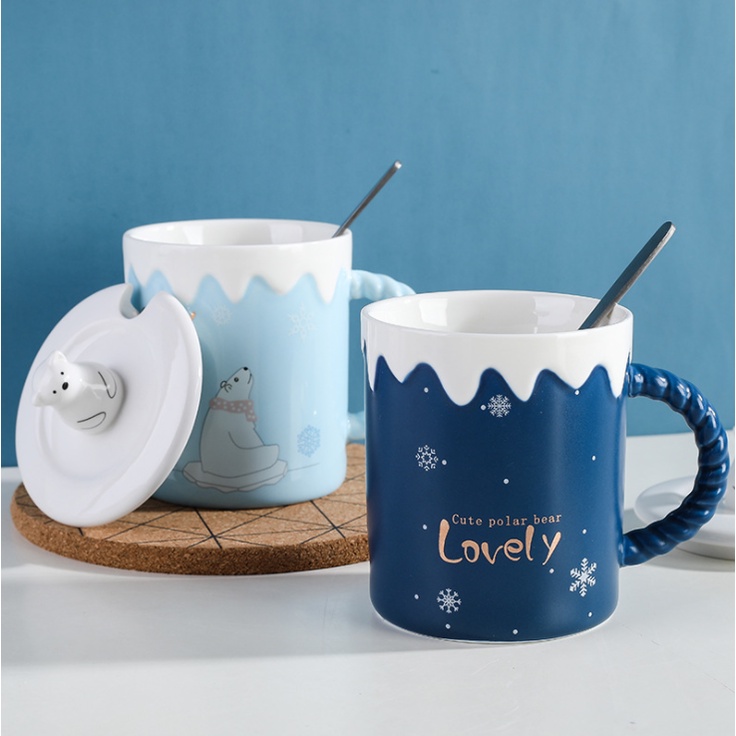 Cốc sứ Gấu Sweet có nắp và thìa 400ml, họa tiết dễ thương, phù hợp làm quà tặng, decor góc làm việc - SunStoreVN