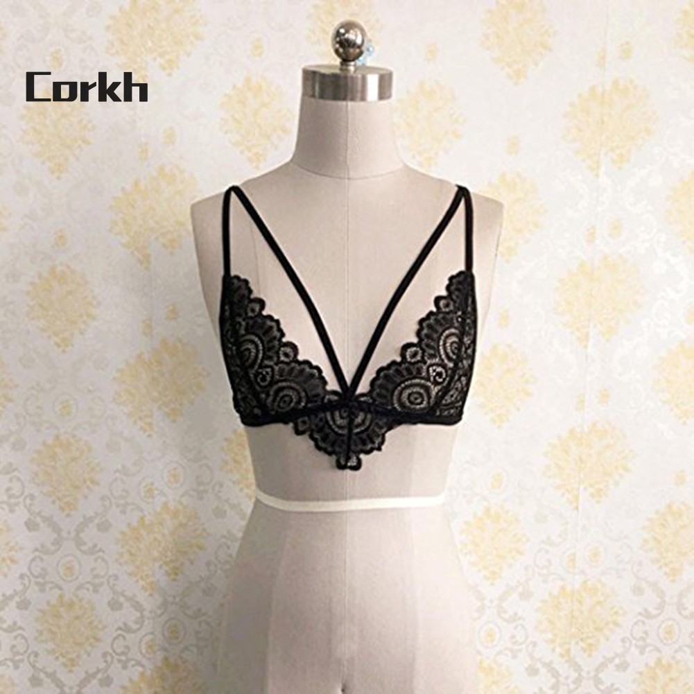 ●Co Women Fashion Hollow Lace Floral Bra Sexy Strappy Bustier Crop Top Camisole Áo ngực