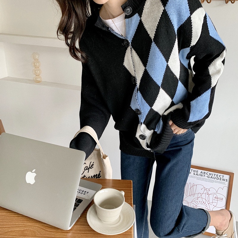 SUXI Áo khoác cardigan dệt kim hoạ tiết kẻ sọc phối nút thời trang mùa Thu cổ điển cho nữ