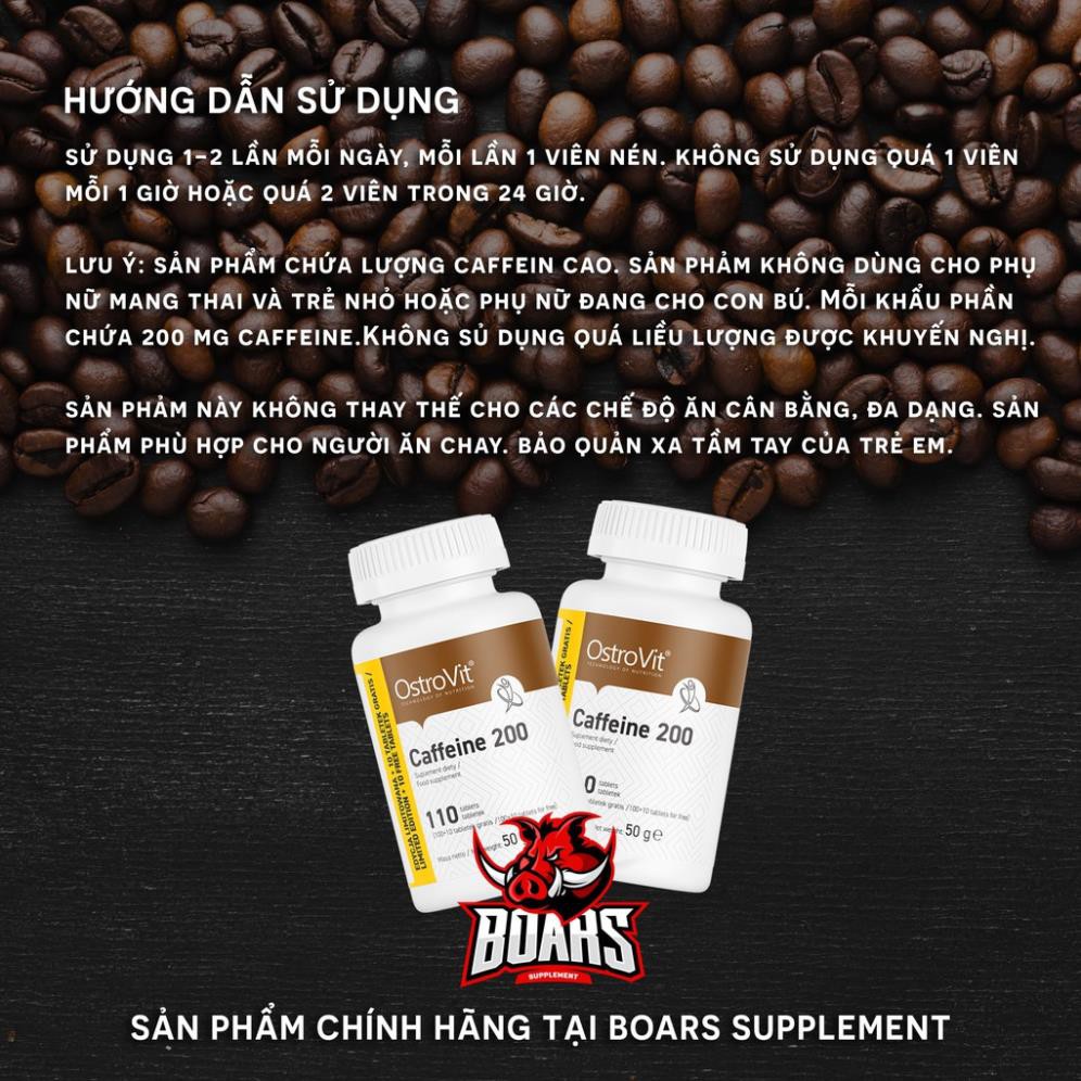 Viên uống Ostrovit Caffeine giúp tỉnh táo, tập trung trong tập luyện, 1 viên chứa 200mg caffeine