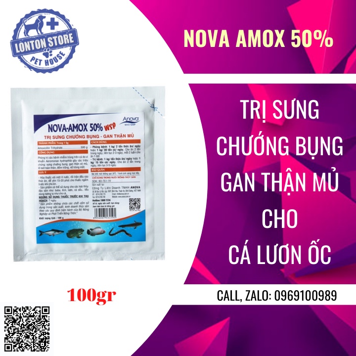 ANOVA Nova Amox 50 WSP -  sản phẩm hổ trợ sức khỏe cho cá lươn ốc ếch ( TRƯỚNG BỤNG - GAN THẬN MỦ) , 100gr- Lonton store