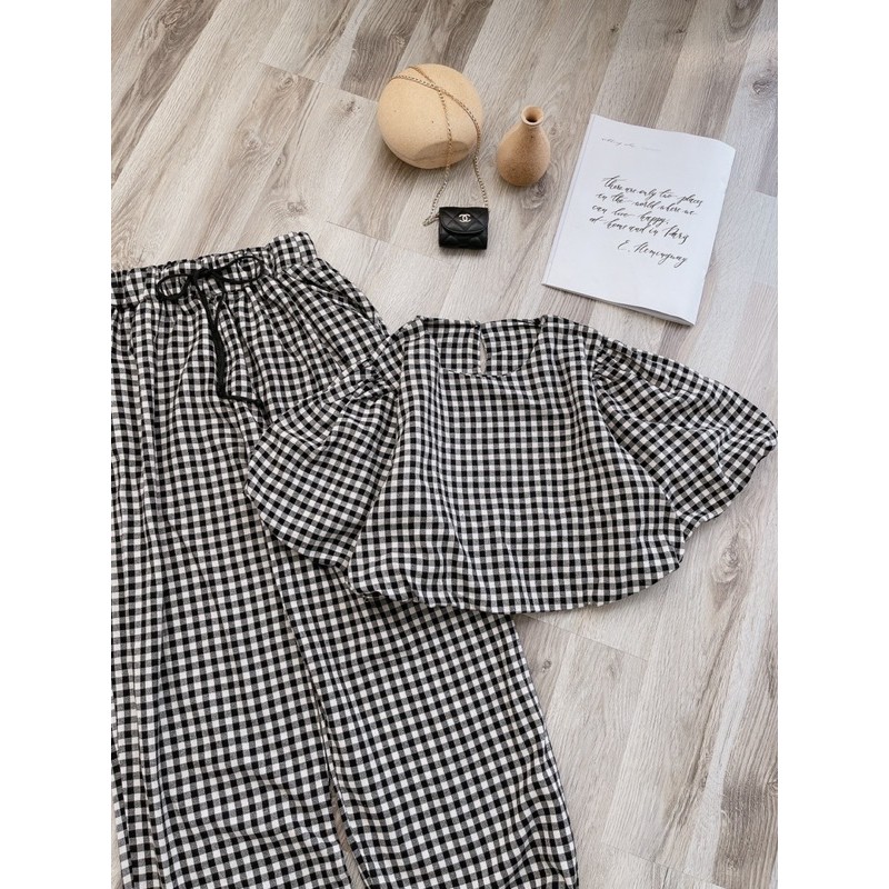 Set croptop tay bồng kèm quần suông ống bo caro
