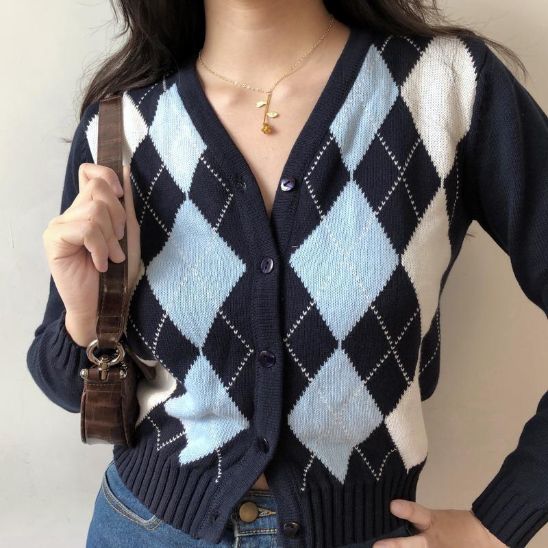 Áo khoác Cardigan dệt kim cổ chữ V tay dài phong cách Retro Mỹ thời trang mùa thu W047