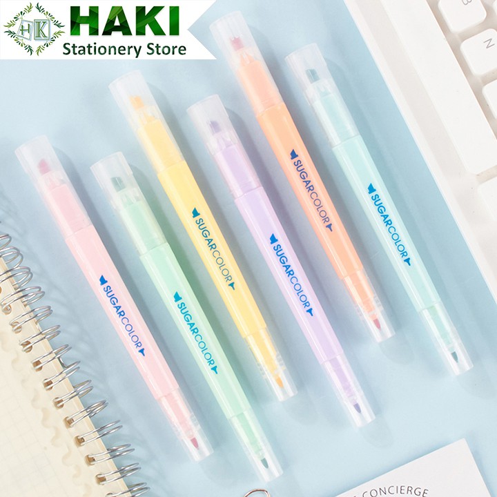 Bút highlight 2 đầu dạ quang HAKI, bút đánh dấu nhớ dòng cute nhiều màu marker dễ thương B10