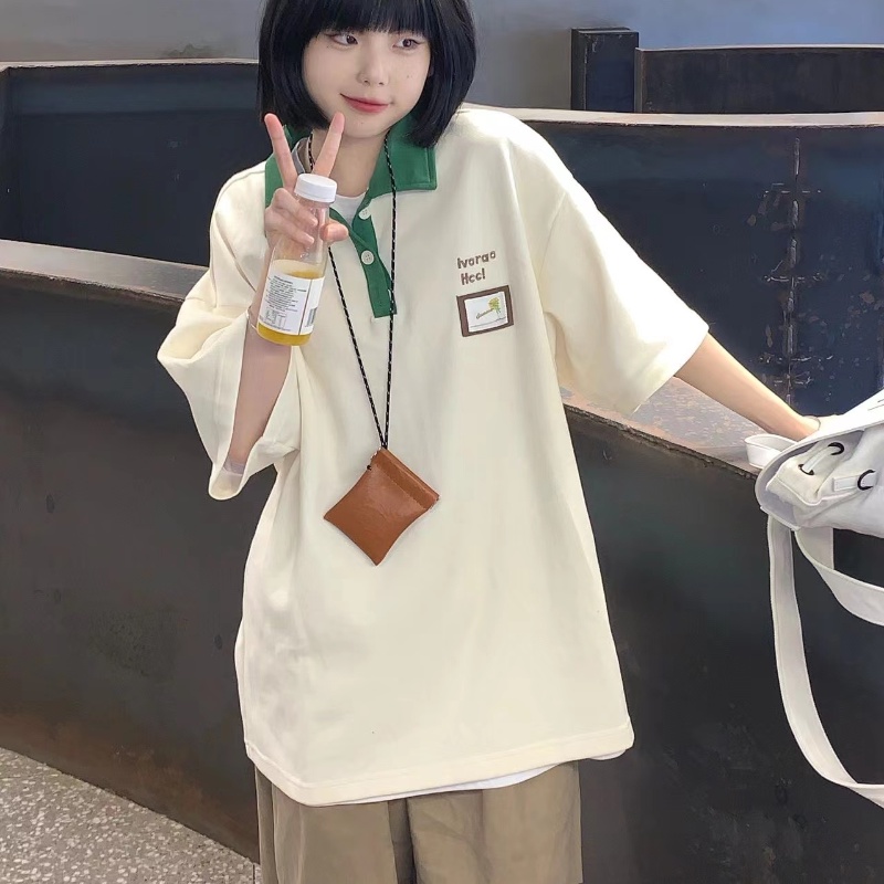 Áo Thun Polo Tay Ngắn Chất Cotton Thiết Kế Oversized Phong Cách Hàn Quốc