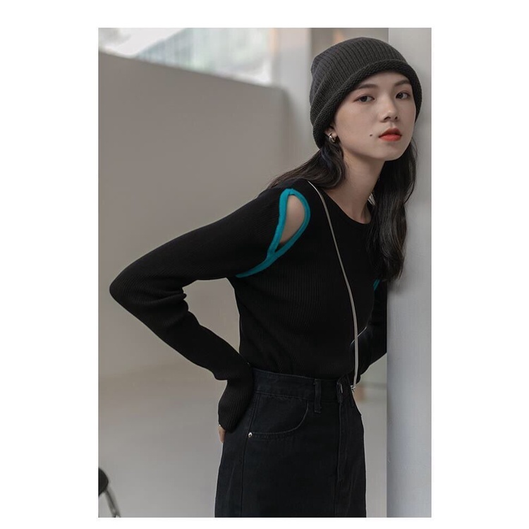 Áo Thun Tay Dài Khoét Vai Màu Sắc Tương Phản Thời Trang Mùa Thu Cho Nữ