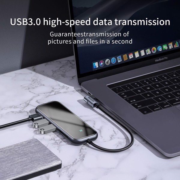 Bộ USB C Hub Baseus Mirror Series mở rộng cổng 6 in 1 USB 3.0*3 ,HDMI x1, RJ45*1,PD 60W *1 cho Macbook, Laptop, mobile