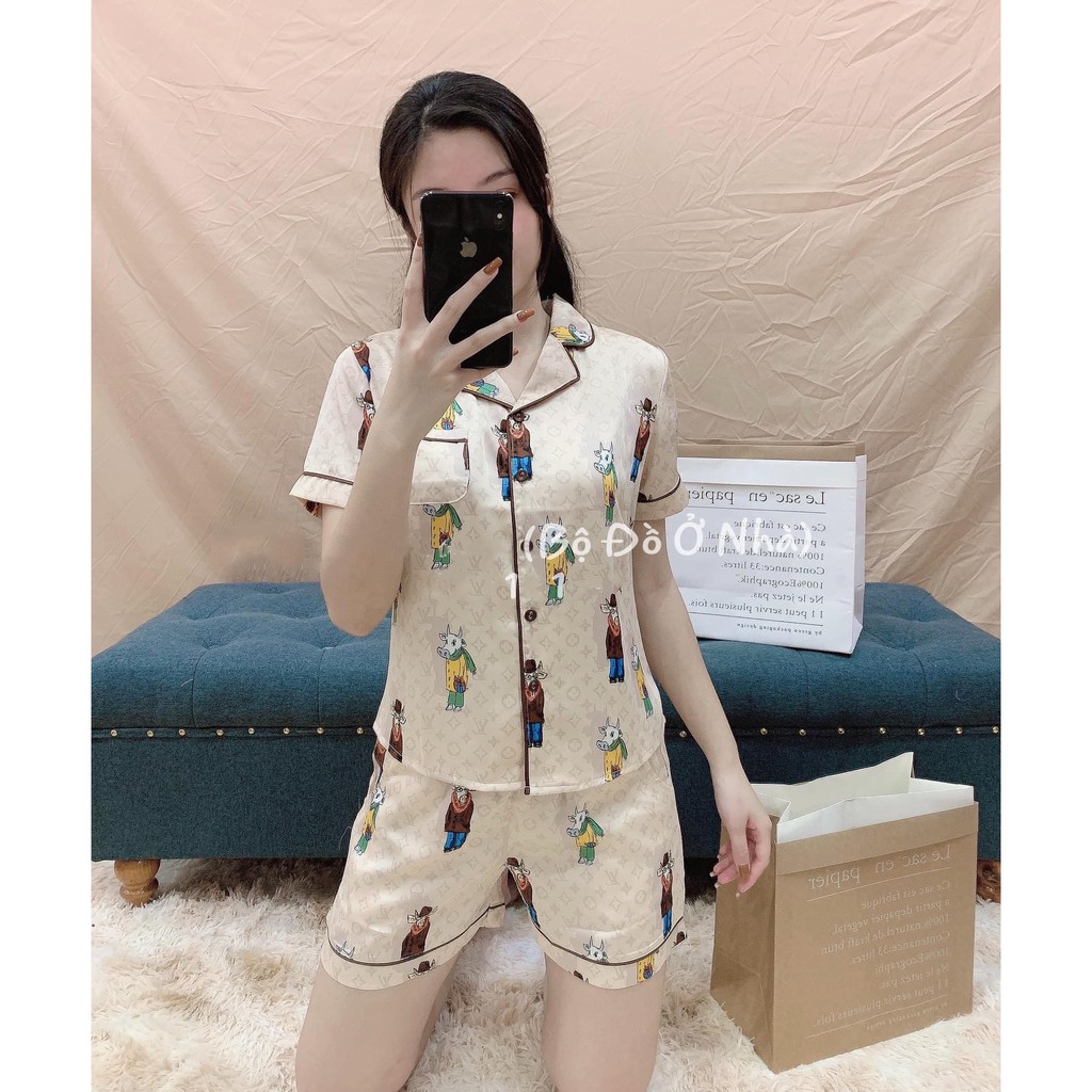 Bộ đồ mặc nhà nữ Xinh cổ pijama đùi lụa cao cấp họa tiết  -X425