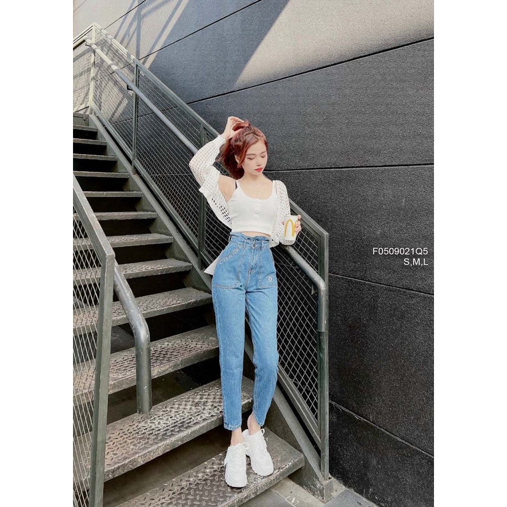 Quần baggy jean có túi trước thêu logo chữ lưng cao!