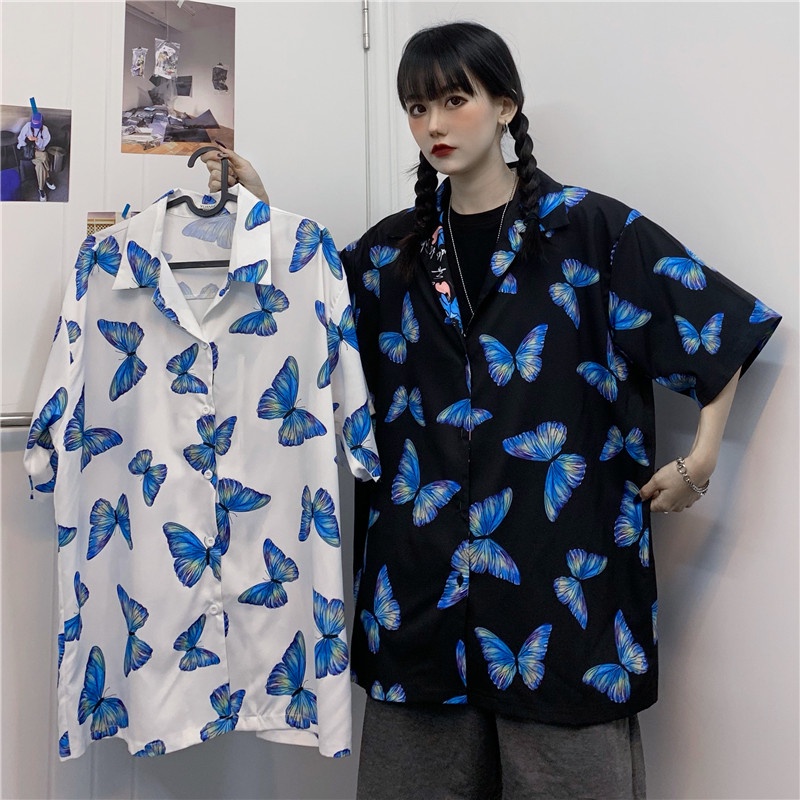 【ZHELIHANGFEI】 Áo Sơ Mi Tay Ngắn Dáng Rộng In Hình Bướm Phong Cách Harajuku Hồng Kông Cổ Điển Sang Trọng Dành Cho Bạn Nữ