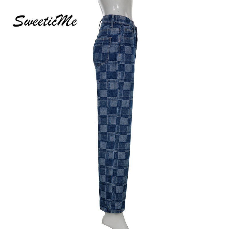 Quần jeans Nữ Dáng Rộng In Hình Quân Cờ Vua